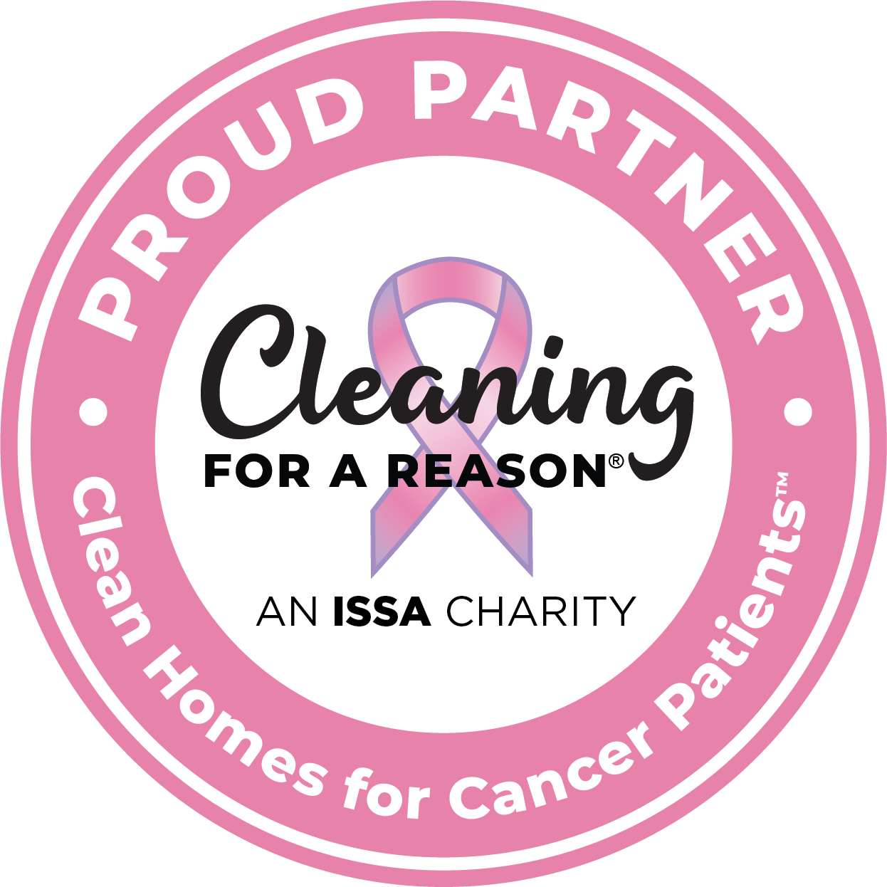 Round, pink logo with a pink ribbon, symbolizing SBC Cleaning Service's participation in Cleaning For A Reason - providing free residential cleaning services to cancer patients in Philadelphia and the surrounding region